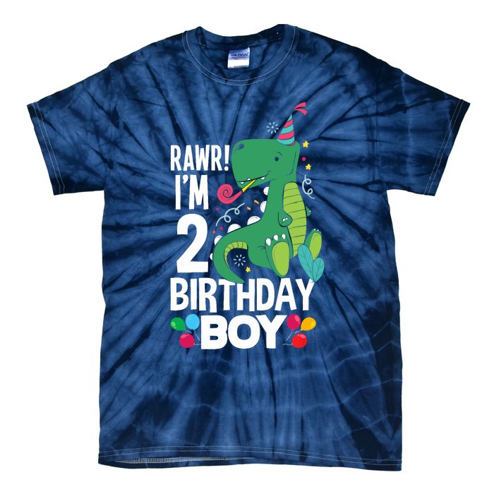  2nd Birthday Boy 2 Year Old Birthday Boy T Rex Dinosaur Tie-Dye T-Shirt