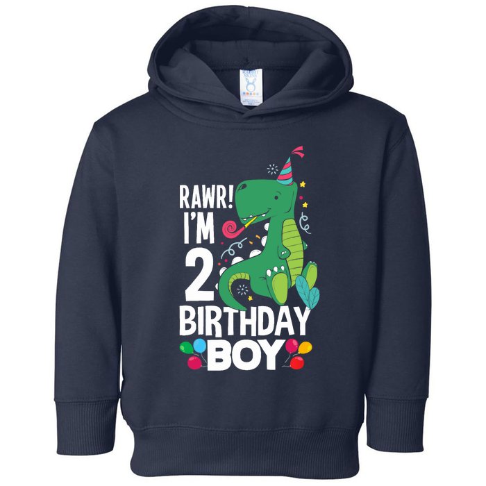  2nd Birthday Boy 2 Year Old Birthday Boy T Rex Dinosaur Toddler Hoodie