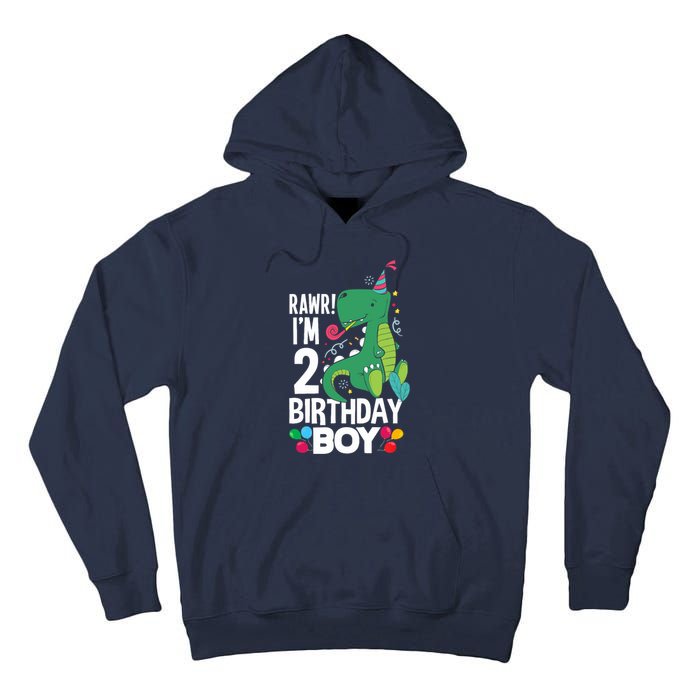  2nd Birthday Boy 2 Year Old Birthday Boy T Rex Dinosaur Tall Hoodie