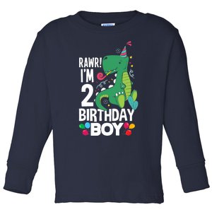  2nd Birthday Boy 2 Year Old Birthday Boy T Rex Dinosaur Toddler Long Sleeve Shirt