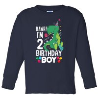  2nd Birthday Boy 2 Year Old Birthday Boy T Rex Dinosaur Toddler Long Sleeve Shirt