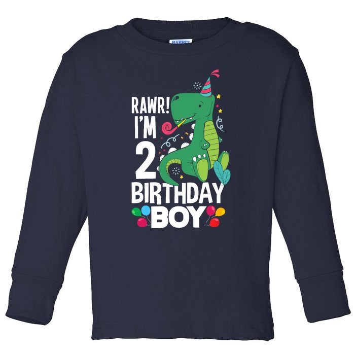  2nd Birthday Boy 2 Year Old Birthday Boy T Rex Dinosaur Toddler Long Sleeve Shirt