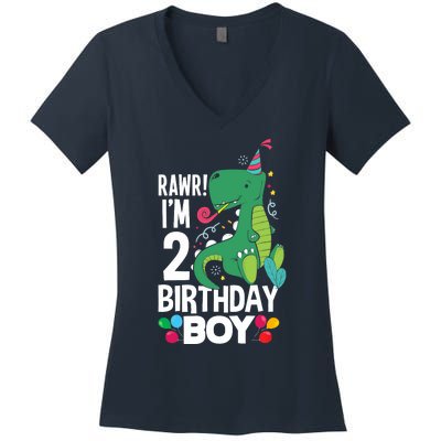  2nd Birthday Boy 2 Year Old Birthday Boy T Rex Dinosaur Women's V-Neck T-Shirt