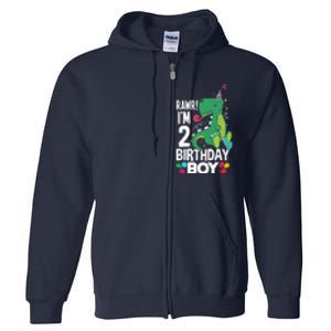  2nd Birthday Boy 2 Year Old Birthday Boy T Rex Dinosaur Full Zip Hoodie