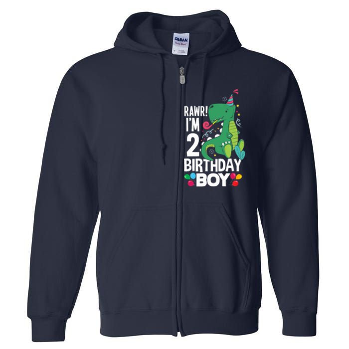  2nd Birthday Boy 2 Year Old Birthday Boy T Rex Dinosaur Full Zip Hoodie