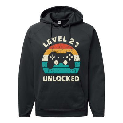 21st Birthday Decoration Gift Level 21 Unlocked Video Gamer Performance Fleece Hoodie