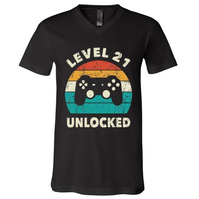 21st Birthday Decoration Gift Level 21 Unlocked Video Gamer V-Neck T-Shirt