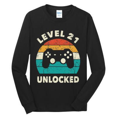 21st Birthday Decoration Gift Level 21 Unlocked Video Gamer Tall Long Sleeve T-Shirt