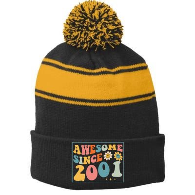 22st Birthday Gifts Awesome Since 2001 22 Years Old Groovy Stripe Pom Pom Beanie