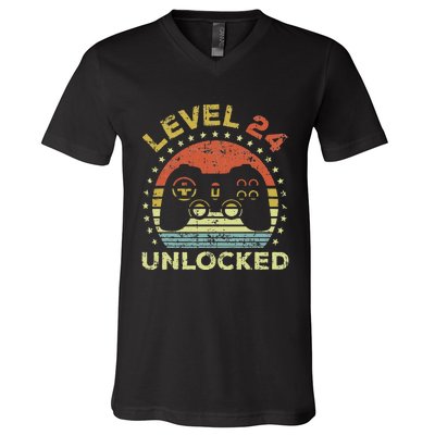 24th Birthday Gaming Level 24 Unlocked V-Neck T-Shirt