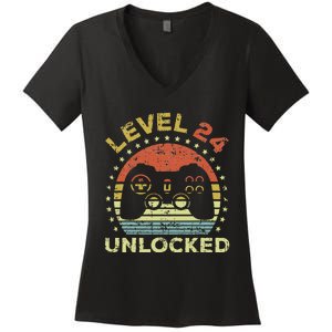 24th Birthday Gaming Level 24 Unlocked Women's V-Neck T-Shirt