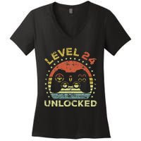 24th Birthday Gaming Level 24 Unlocked Women's V-Neck T-Shirt