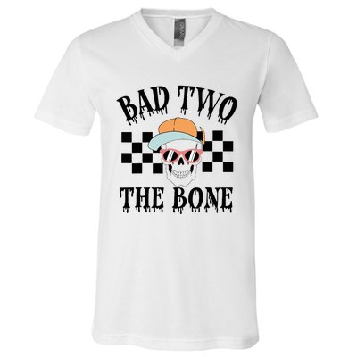 2nd Birthday Halloween Skeleton Boy Bad Two The Bone V-Neck T-Shirt