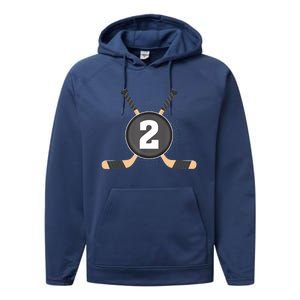 2nd Birthday Ice Hockey 2 Years Old Themed Birthday Party Performance Fleece Hoodie