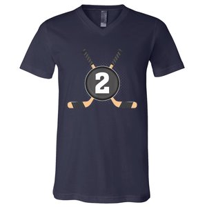 2nd Birthday Ice Hockey 2 Years Old Themed Birthday Party V-Neck T-Shirt