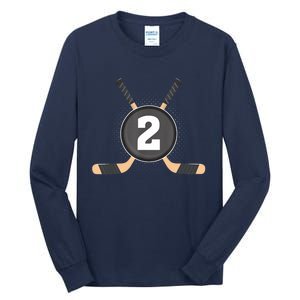 2nd Birthday Ice Hockey 2 Years Old Themed Birthday Party Tall Long Sleeve T-Shirt