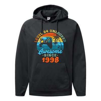 24Th Birthday Level 24 Man 1998 Gaming Performance Fleece Hoodie