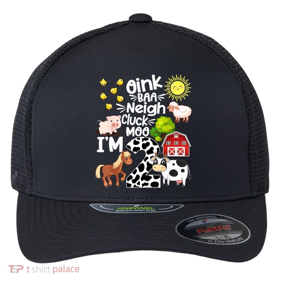 2nd Birthday Oink Baa Neigh Cluck Moo I'm 2 Farm Birthday Flexfit Unipanel Trucker Cap