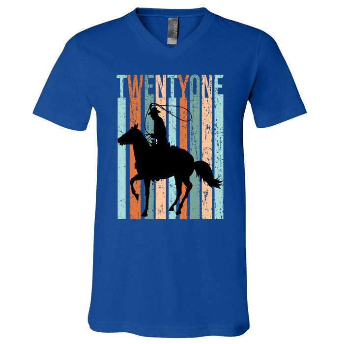 21st Birthday Retro Rodeo Horse Lovers Cow Rider Funny Gift V-Neck T-Shirt