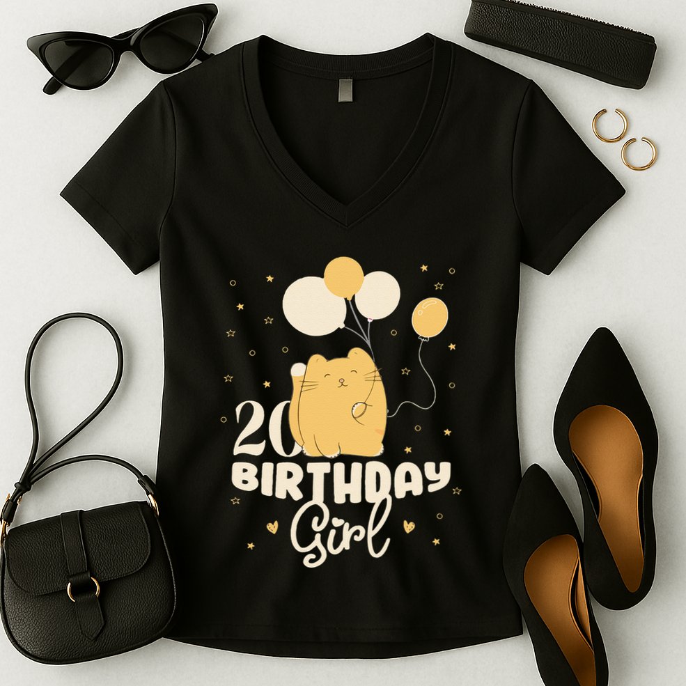 20th Birthday Squish Cat Birthday Balloons 20 Birthday .Png Women's V-Neck T-Shirt