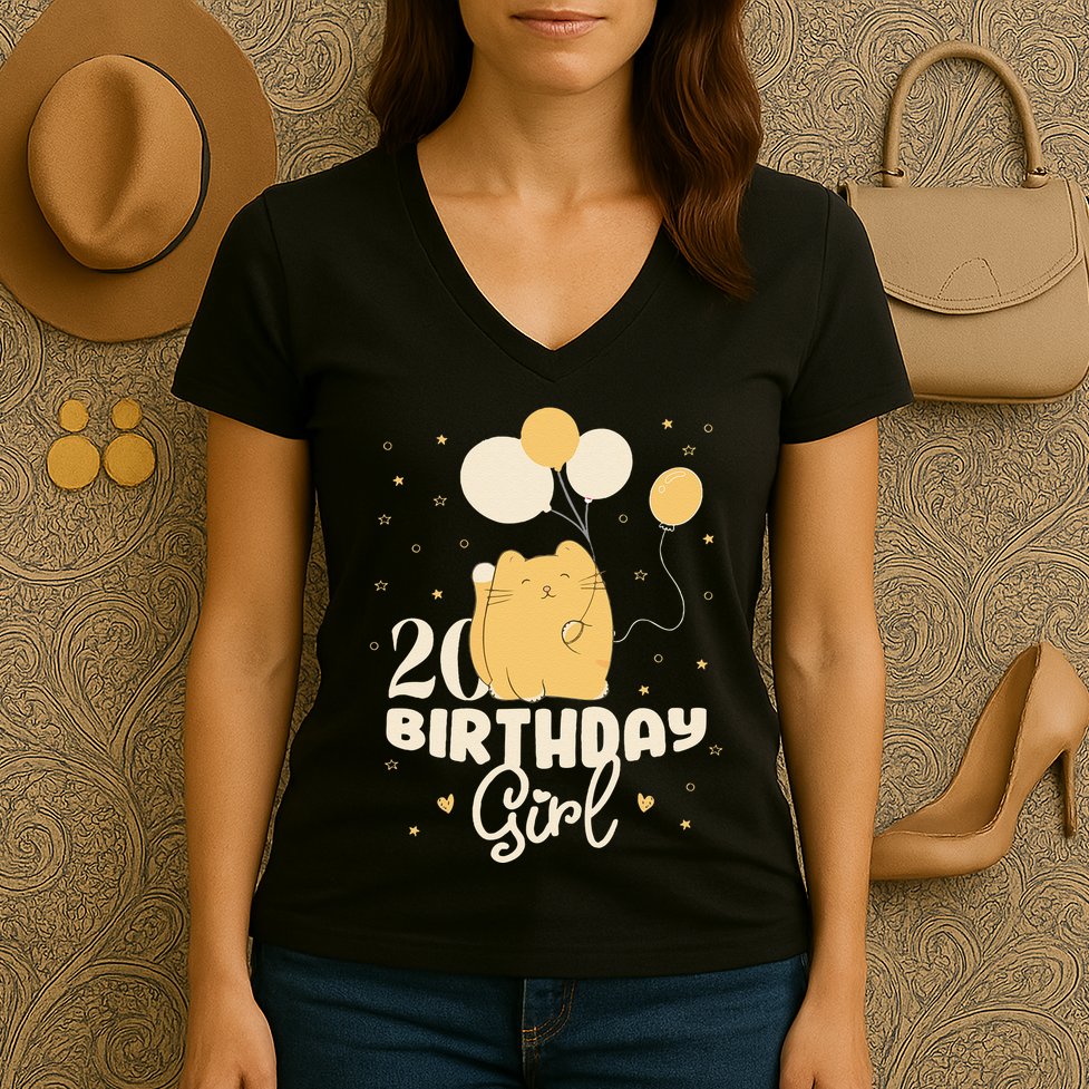 20th Birthday Squish Cat Birthday Balloons 20 Birthday .Png Women's V-Neck T-Shirt