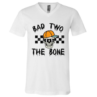 2nd Birthday Skull Bad To Bone 2 Year Old V-Neck T-Shirt