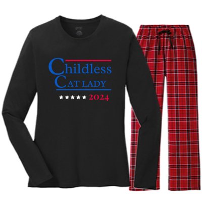 2024 Childless Cat Lady For President Women's Long Sleeve Flannel Pajama Set 