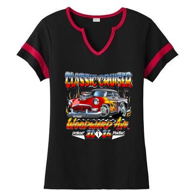 2024 Classic Cruiser Red Muscle Car Detroit To Pontiac Ladies Halftime Notch Neck Tee