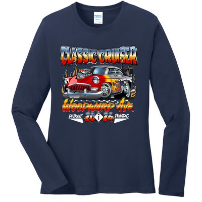 2024 Classic Cruiser Red Muscle Car Detroit To Pontiac Ladies Long Sleeve Shirt