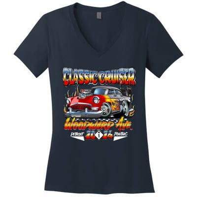 2024 Classic Cruiser Red Muscle Car Detroit To Pontiac Women's V-Neck T-Shirt