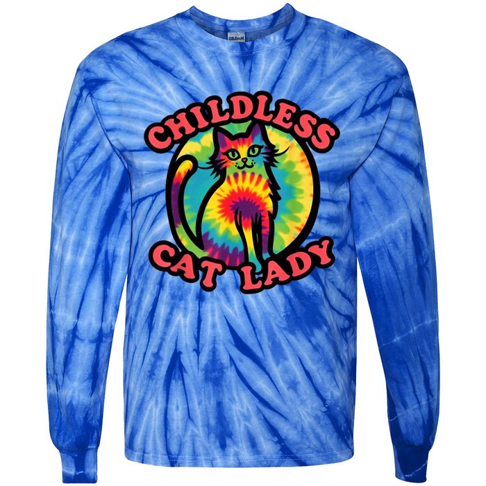 2024 Childless Cat Lady Design Ladies Is Voting Kamala Elect Tie-Dye Long Sleeve Shirt