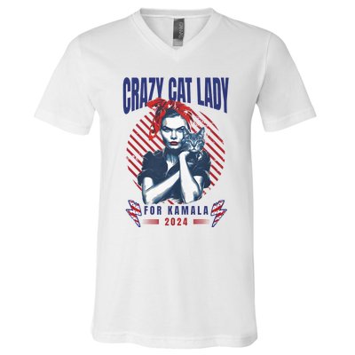 2024 Childless Cat Lady For President Crazy Cat Lady For Kamala 2024 V-Neck T-Shirt