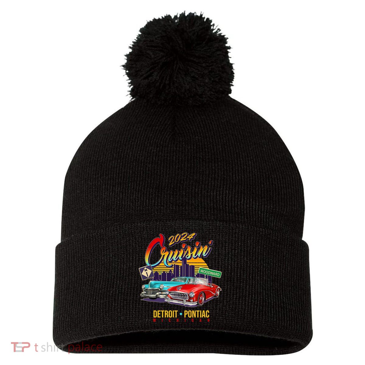 2024 Cruisin Woodward Ave Cruise Detroit To Pontiac Classic Cars Pom Pom 12in Knit Beanie