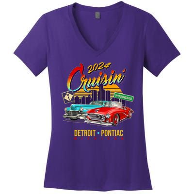 2024 Cruisin Woodward Ave Cruise Detroit To Pontiac Classic Cars Women's V-Neck T-Shirt