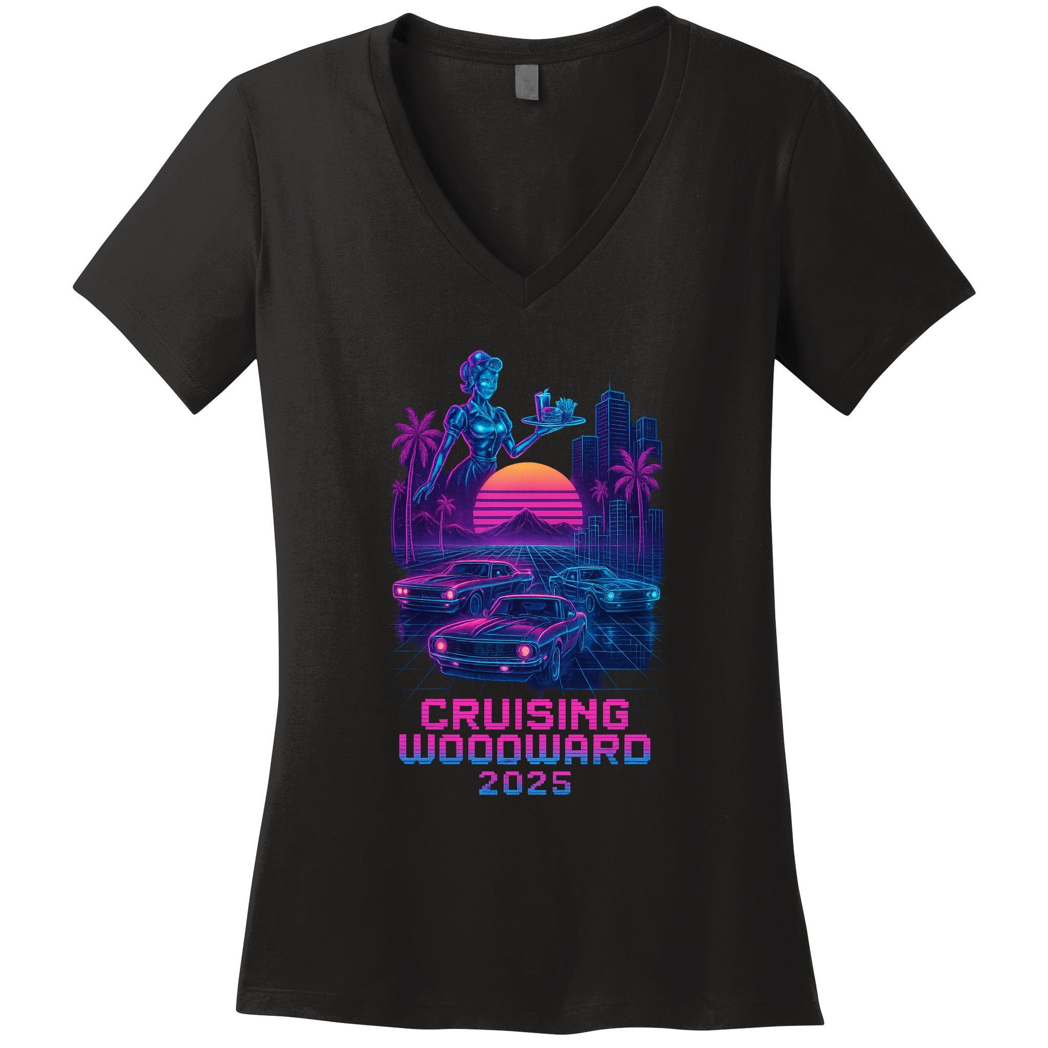 2025 Cruising Woodward Neon Vibes Women's V-Neck T-Shirt