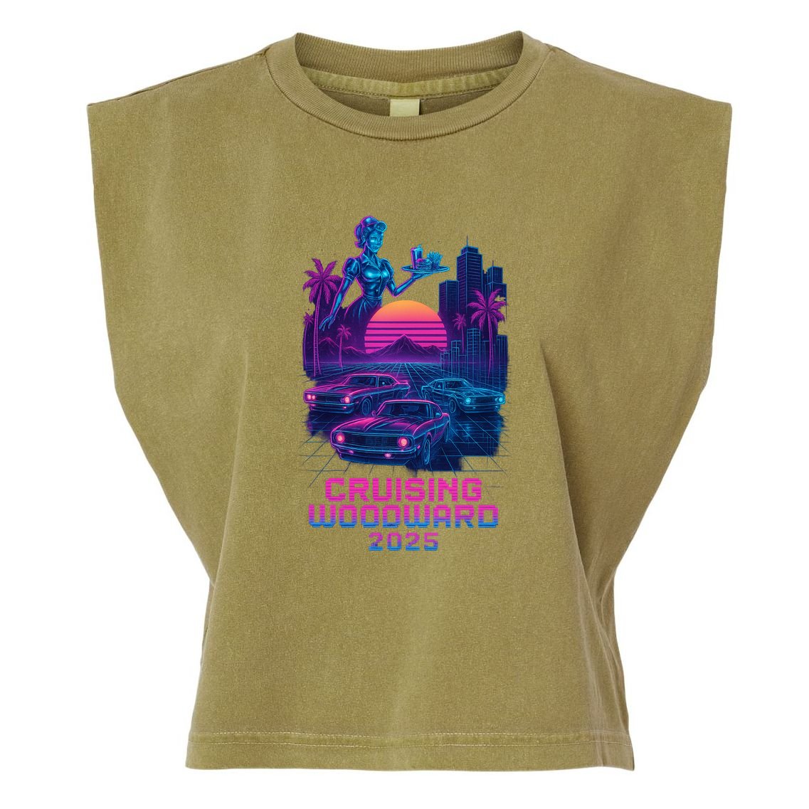 2025 Cruising Woodward Neon Vibes Garment-Dyed Women's Muscle Tee