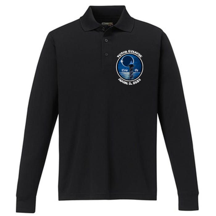 2024 Eclipse Erie Pa Tower Lake Ere April Path Of Totality Performance Long Sleeve Polo