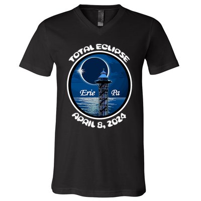 2024 Eclipse Erie Pa Tower Lake Ere April Path Of Totality V-Neck T-Shirt