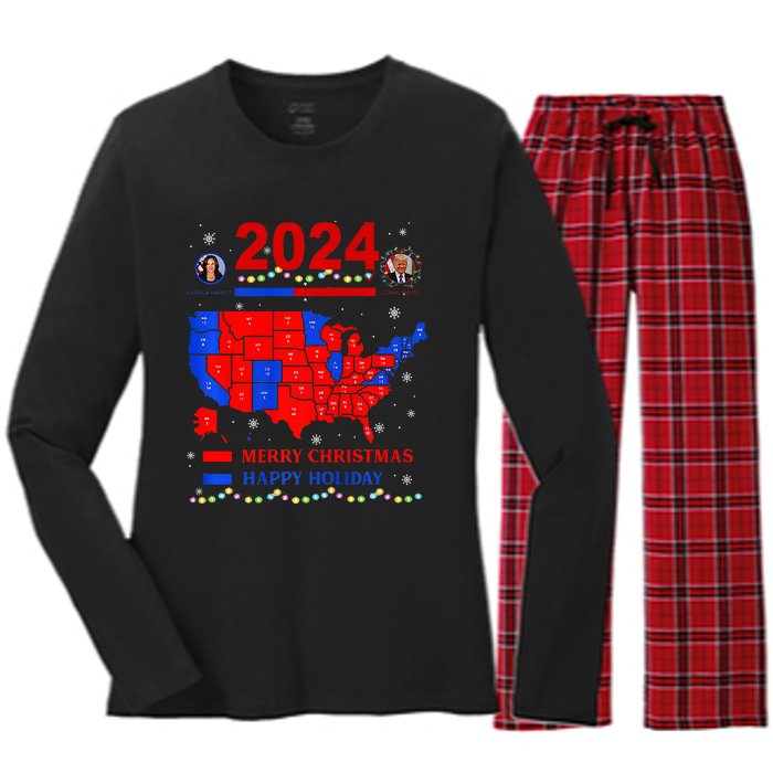 2024 Electoral Map Merry Christmas Trump Landslide Holiday Women's Long Sleeve Flannel Pajama Set 