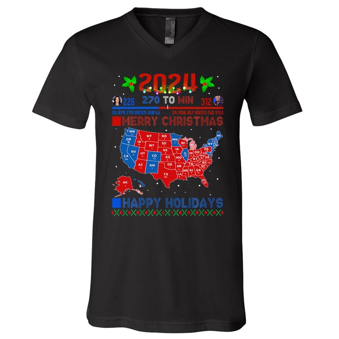 2024 Electoral Map Merry Christmas Trump Landslide Holiday V-Neck T-Shirt