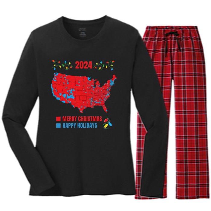 2024 Electoral Map Merry Christmas Trump Landslide Holiday Women's Long Sleeve Flannel Pajama Set 