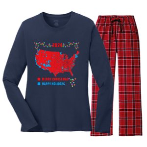 2024 Electoral Map Merry Christmas Trump Landslide Holiday Women's Long Sleeve Flannel Pajama Set 