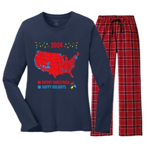 2024 Electoral Map Merry Christmas Trump Landslide Holiday Women's Long Sleeve Flannel Pajama Set 