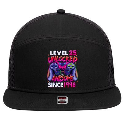 25th Gaming Birthday gift Level 25 Unlocked Awesome Video Game 1998 Birthday 7 Panel Mesh Trucker Snapback Hat