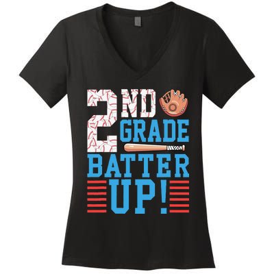 2nd Grade Back To School 2nd Grade Batter Up Baseball Women's V-Neck T-Shirt