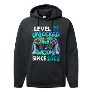 21st Gaming Birthday gift Level 21 Unlocked Awesome Video Game 2002 Birthday Performance Fleece Hoodie