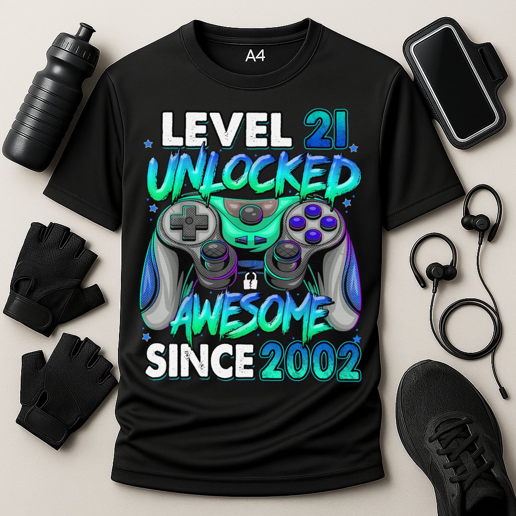 21st Gaming Birthday gift Level 21 Unlocked Awesome Video Game 2002 Birthday Cooling Performance Crew T-Shirt