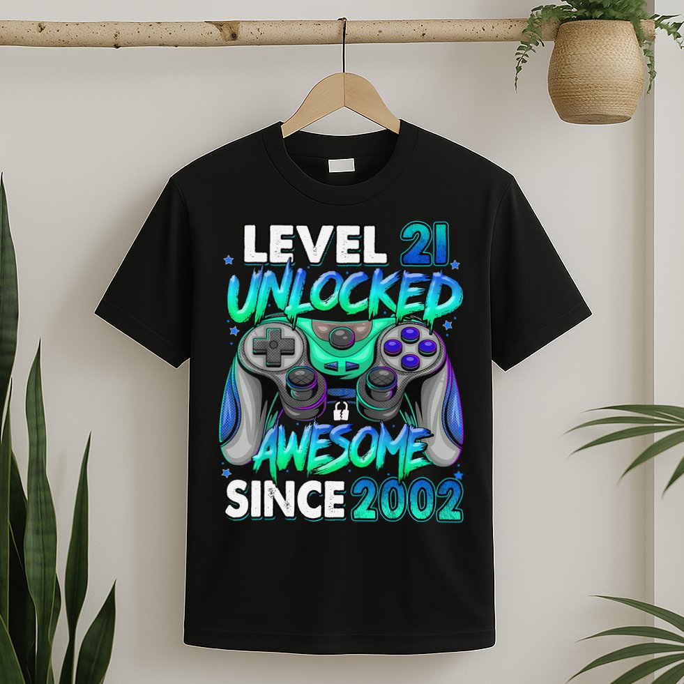 21st Gaming Birthday gift Level 21 Unlocked Awesome Video Game 2002 Birthday T-Shirt