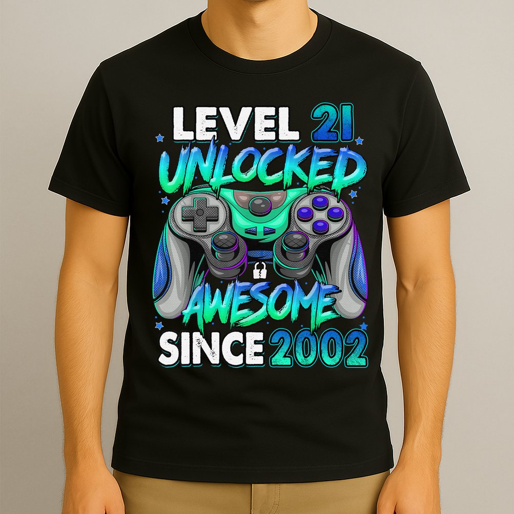21st Gaming Birthday gift Level 21 Unlocked Awesome Video Game 2002 Birthday T-Shirt