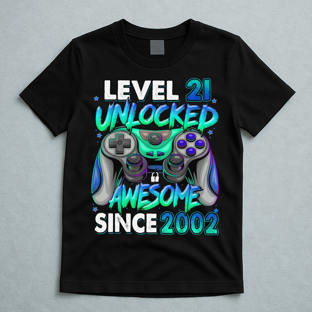 21st Gaming Birthday gift Level 21 Unlocked Awesome Video Game 2002 Birthday T-Shirt